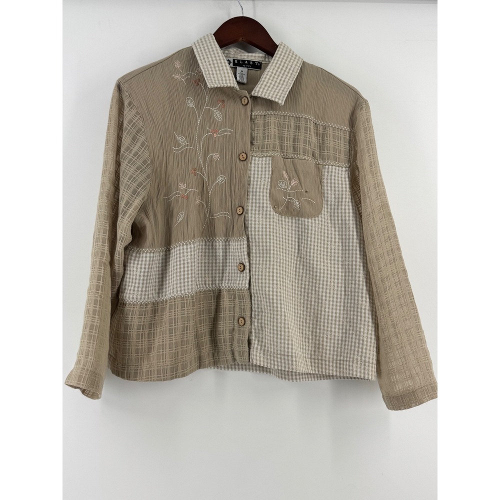 Blast Petites Tan Patchwork Embroidered Gingham Button Down Shirt Medium P M